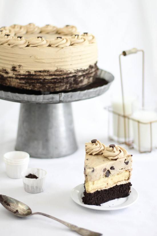 Chocolate Chip Cookie Dough Devil’s Food Cheesecake via Sprinkle Bakes