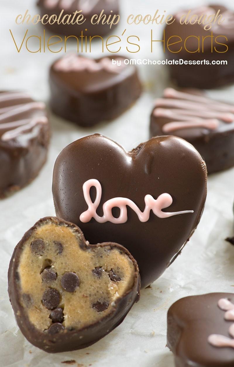 Heart-shaped coated chocolate chip cookies via Omg Chocolate Desserts