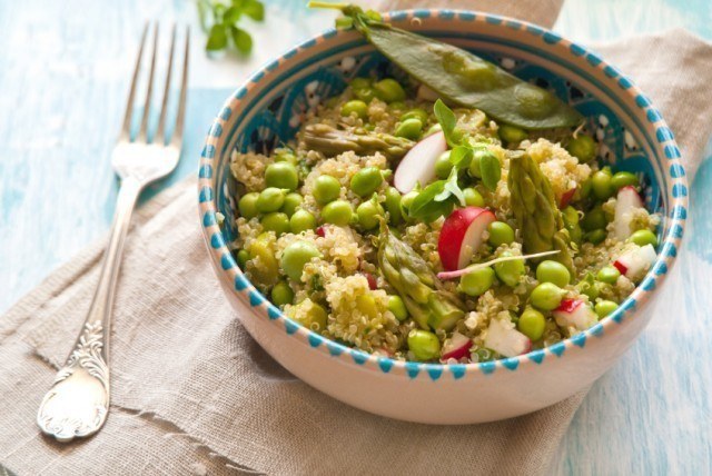 Quinoa Salad with Asparagus, Peas, Avocado and Lemon Basil Dressing via Cheatsheet