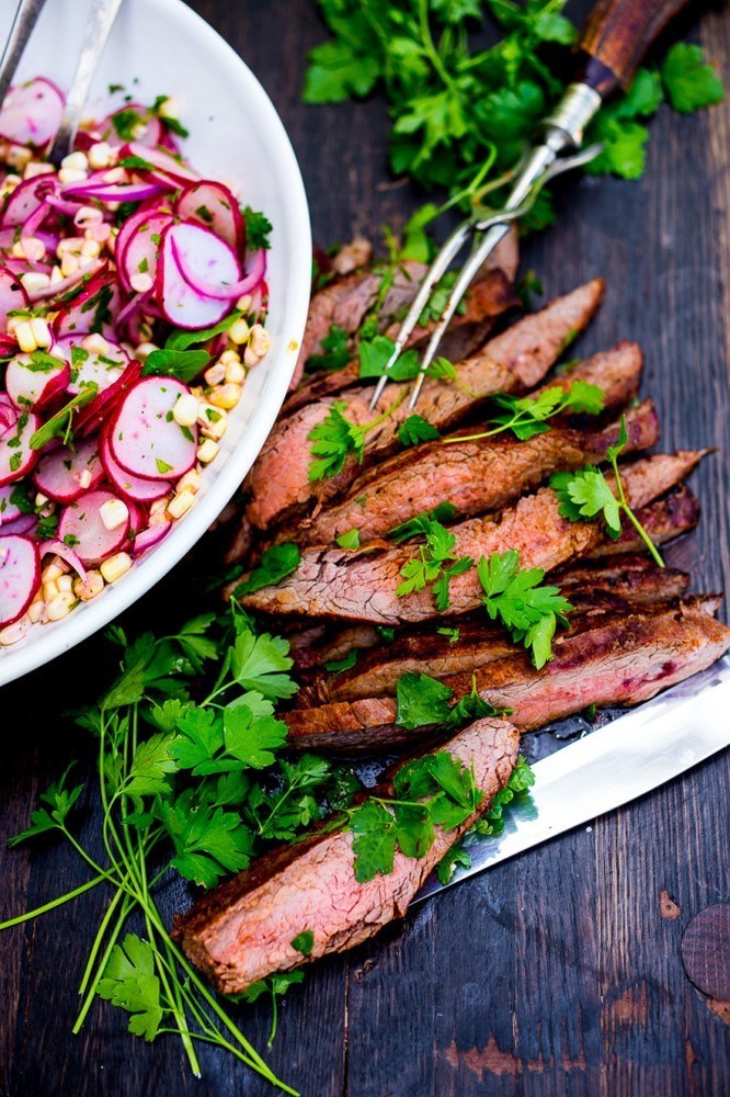 Grilled Steak with Radish-Corn Salad via feastingathome