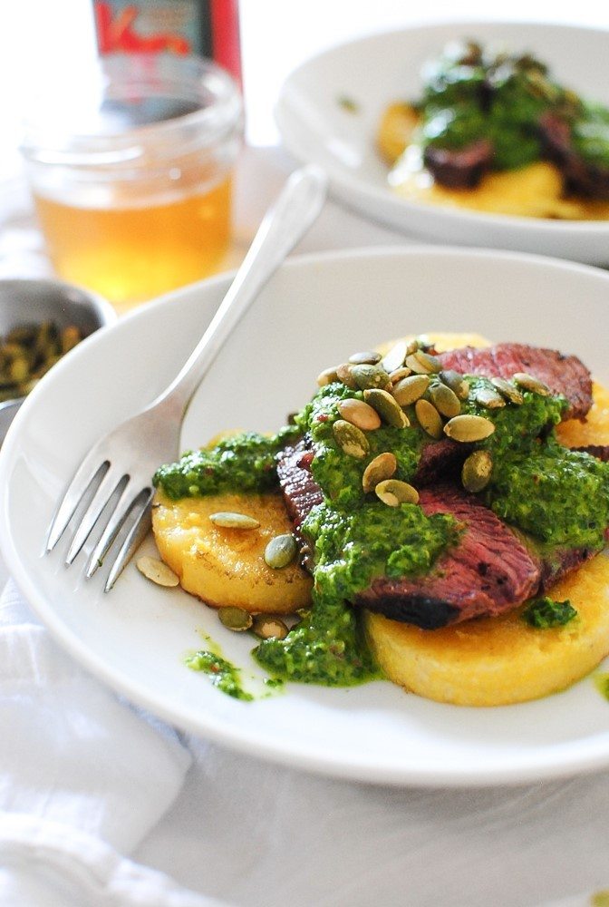 Seared Steak with Polenta and Chimichurri via Bev Cook